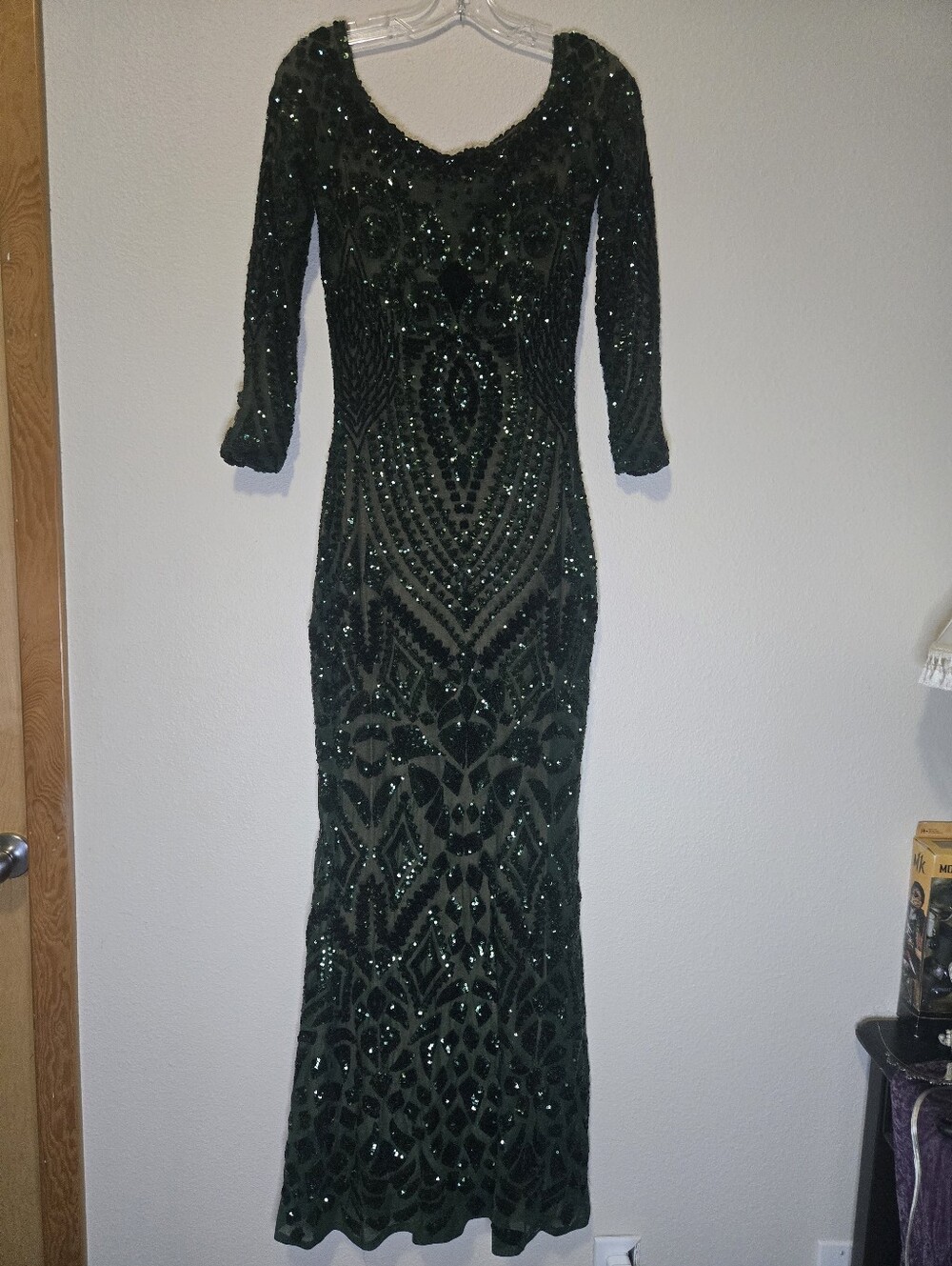 Rare Nadine Merabi Emerald Geometric Sequin Maxi Gown Dress S/M